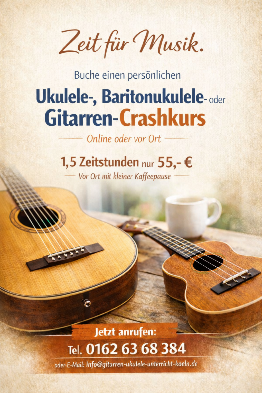 Zeit für Musik. Plakat für einen persönlichen Ukulele-, Baritonukulele- oder Gitarren-Crashkurs.
