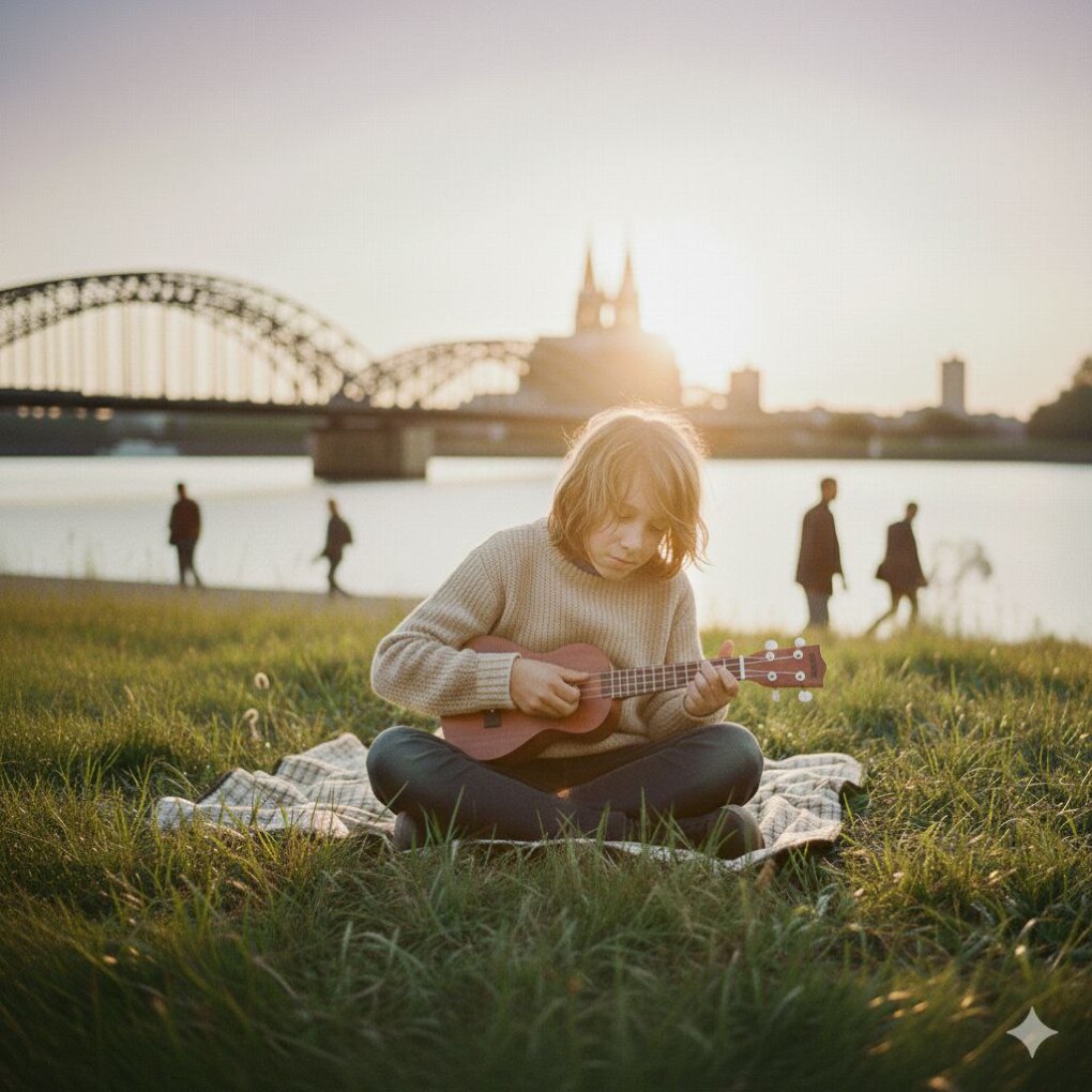 Kind spielt konzentriert Ukulele am Rheinufer in Köln – individueller Ukulele-Unterricht bei ADHS un